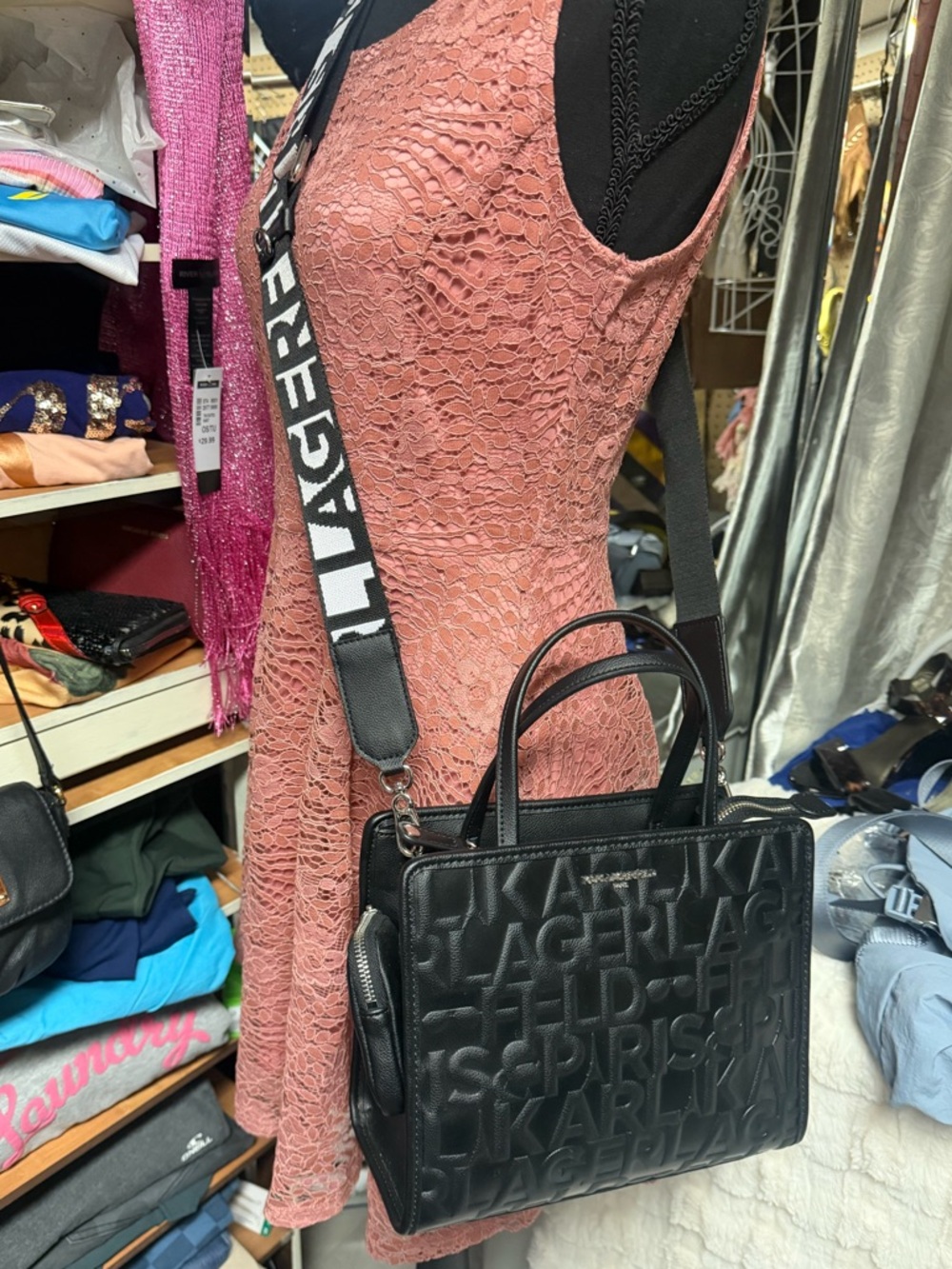 Karl Lagerfeld Black Embossed Logo Crossbody and rare with mini satchel!